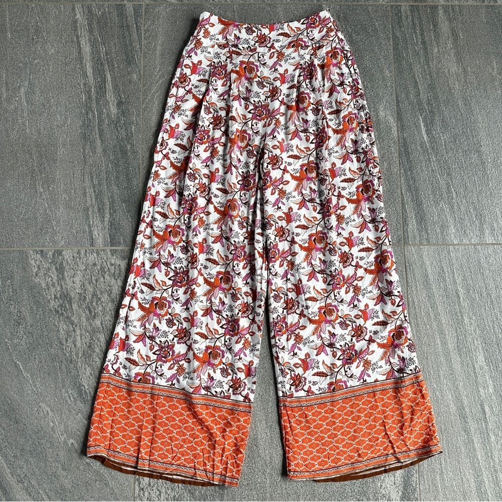 NWT Wide-Leg Pull-on Elastic Waist Flowy Boho Pants Pockets Orange Pink Floral S - Picture 4 of 16